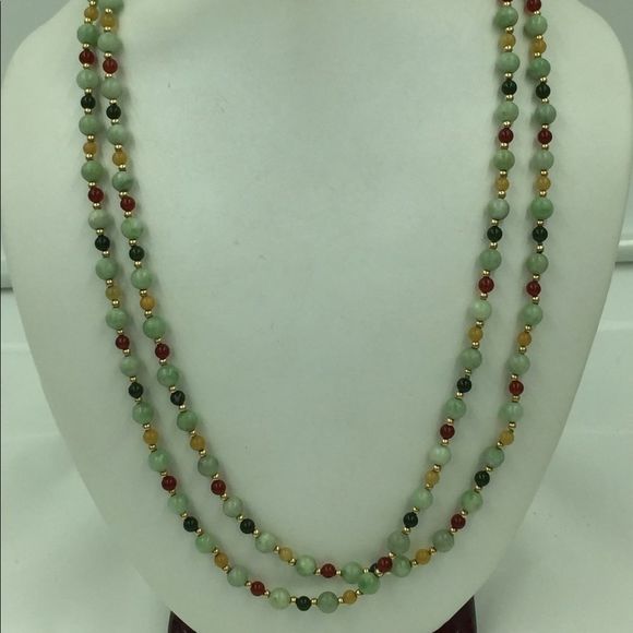14K Gold Beads & Assorted Jade Necklace 45”